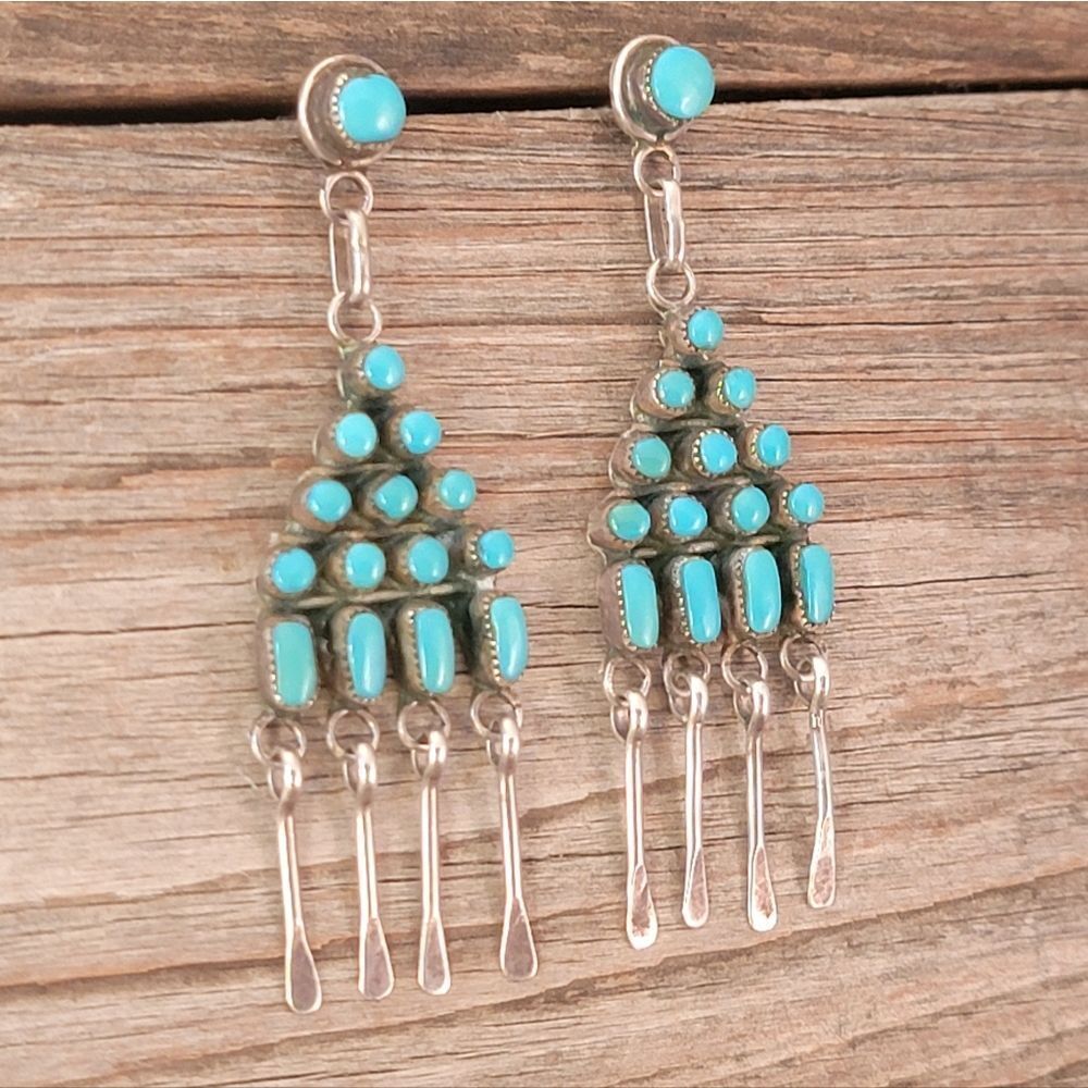 Sterling Zuni Native American Turquoise Dangle Post Earrings - Picture 2 of 5